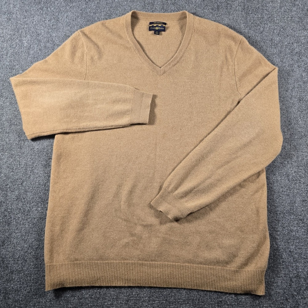 Club Room 100% Cashmere V-Neck Sweater XL Camel Tan Men's Luxury Knit Pullover